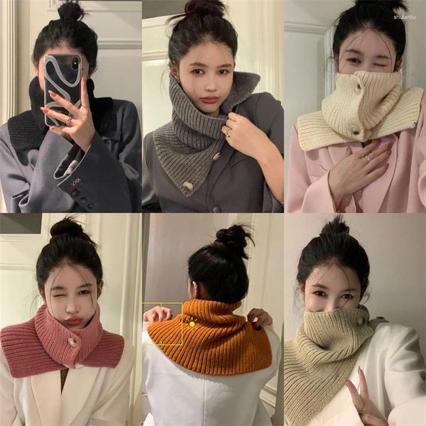 Pulls pour femmes Style coréen Pull écharpe tricotée pour femmes filles automne hiver bouton patchwork couleurs écharpes dame protection du cou chaud