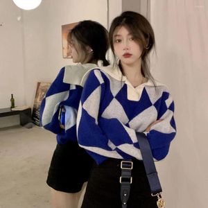 Pulls pour femmes Style coréen Streetwear Casual Mode Doux Automne Pulls Femmes Argyle Panneaux Marine Col Paresseux Tricoté Vintage