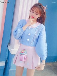 Damestruien Koreaanse Sweet Lolita Dames V-hals gebreide truien Vintage losse trui Leuke strik Japanse meisjes Preppy stijl trui Crop