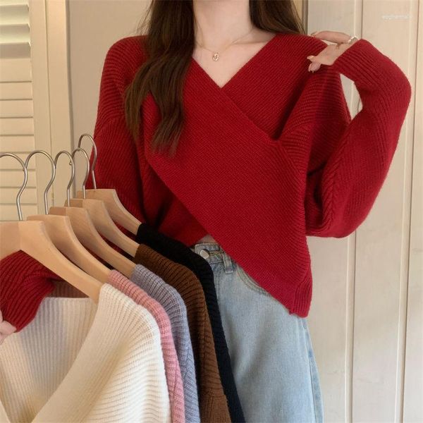 Suéteres de Mujer versión coreana Otoño Invierno suéter Mujer cuello en V Color sólido cálido suave suéter Vintage Sexy elegante moda Jersey Mujer