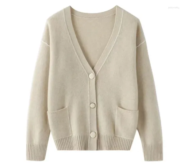 Chandails pour femmes Version coréenne Couleur assortie Col en V Double poche Boucle Cardigan en cachemire Lâche Casual Trajet