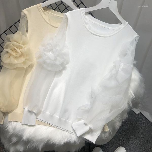 Pulls pour femmes femmes coréennes manches en Organza femme 3D fleur déco pulls tricotés dame printemps hauts transparents