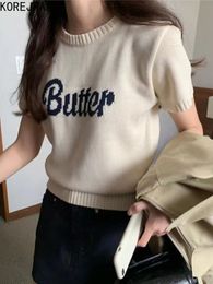 Suéteres de mujeres Korej Fashion Fashion Pull Femme Knitwear Letter Jacquard Round Neck Sweater Women Manga corta Damas Tops Spring 230814