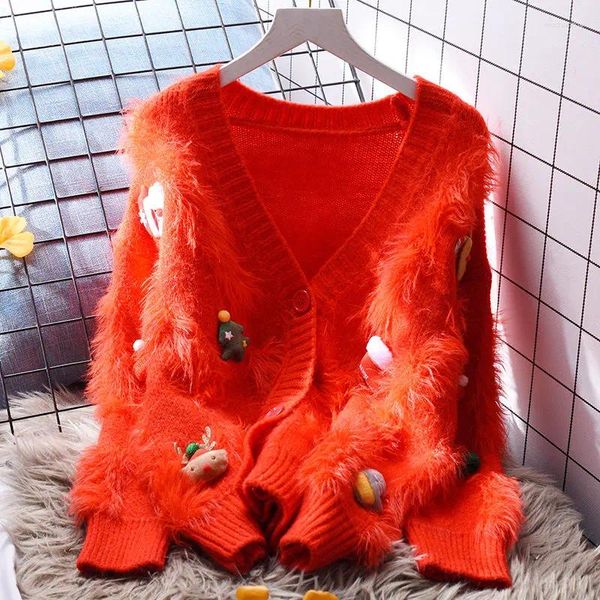 Suéteres de mujer Korejepo American Christmas Red Short V Cuello Suéter Chaqueta Mujeres Flojo Lazy Invierno Japonés Dulce Punto Cardigan