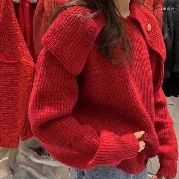 Suéteres de mujer Korejepo Navy Neck Red 2023 Otoño Europeo Temperamento coreano Suéter de punto Mujer Moda Muñeca Punto