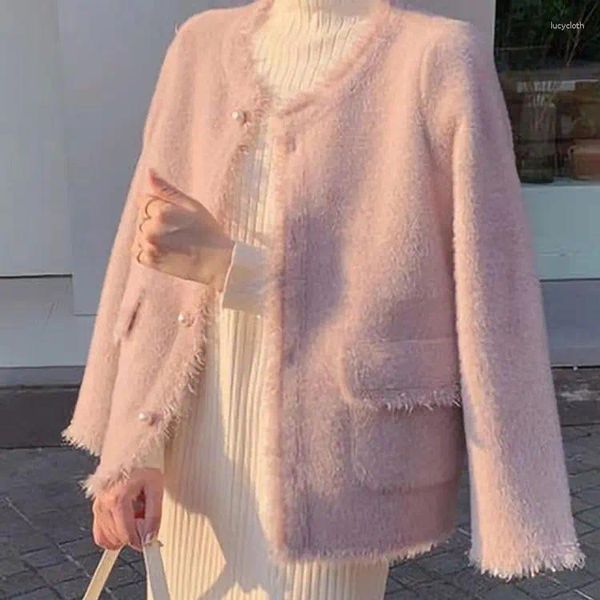 Suéteres de mujer Korejepo Pink Sweater Coat 2023 Otoño Invierno Celebridad Imitación Mink Fleece Ropa de moda Versátil Cardigan de punto