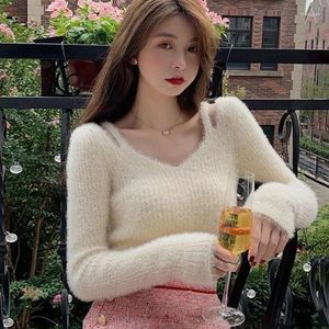 Chandails pour femmes Korejepo Sexy Pull en tricot blanc Imitation Mink Velours Bretelle Hors épaule Top Femmes Minceur Hiver Superposition Blouse