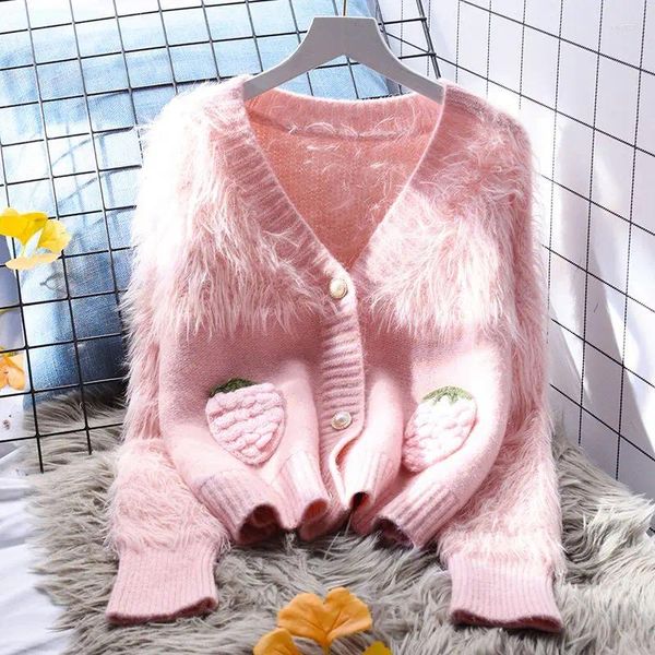 Chandails pour femmes Korejepo Fraise Poche Pull Manteau Lâche Col V Automne Hiver Vêtements Japonais Sweetheart Overlay Cardigan Tricoté