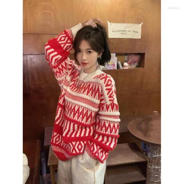 Suéteres de mujer Korobov suéter de Navidad O cuello rojo vintage grueso perezoso año salvaje abrigo otoño invierno tejido moda pull femme hiver 2023