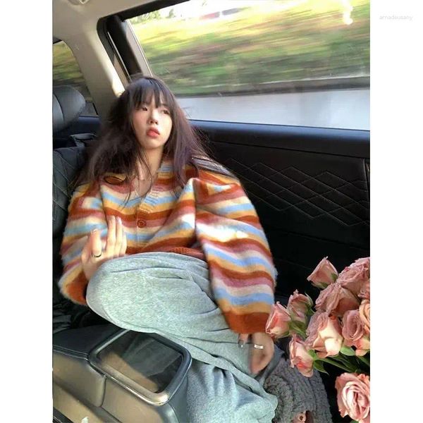 Chandails pour femmes Korobov Vintage Orange Pull à rayures Manteau Lâche Paresseux Chic Cardigan Femme V Cou Tricots Harajuku Mode Coréenne Y2k