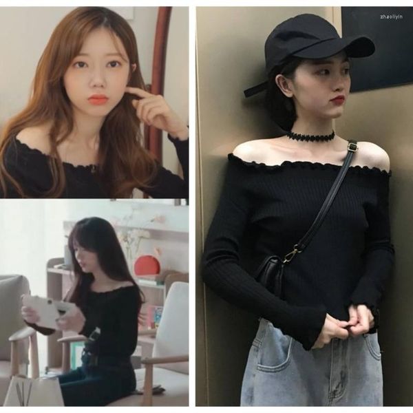 Pulls pour femmes Kpop Drame coréen Sexy Girl Black Slim Knit Femmes Summer Streetwear Mode Pulls à manches longues Pulls à l'épaule