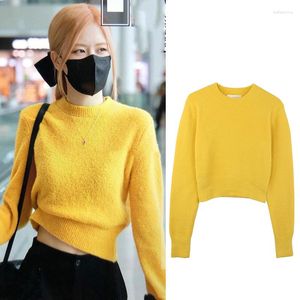 Suéteres de mujer Kpop Star Rose Moda coreana Puentes de punto 2023 Mujeres Dulce Suéter corto Streetwear Cuello redondo Jersey de manga larga