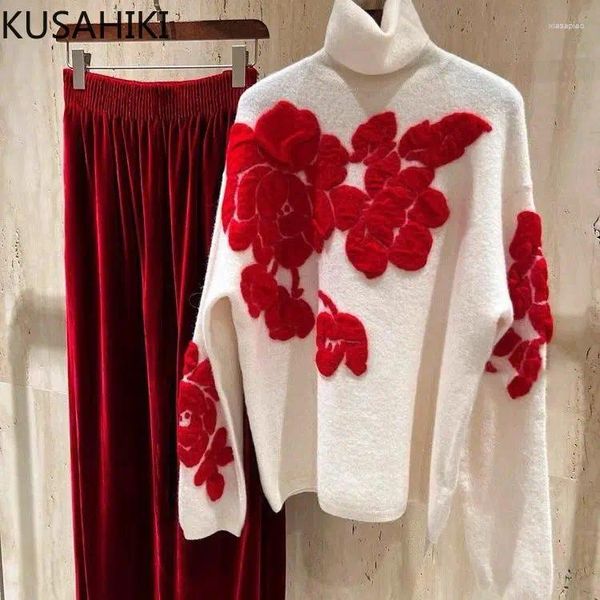 Suéteres para mujer Kusahiki Moda Red Jacquard Jersey Suéter de punto 2023 Otoño Invierno Pull Femme Causal Manga larga Cuello de tortuga