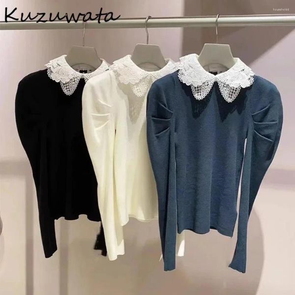 Pulls pour femmes Kuzuwata Sweet Puff Sleeve Peter Pan Collier Solid Jumper Frais Casual Élégant Amovible Dentelle Japon Moda Pulls