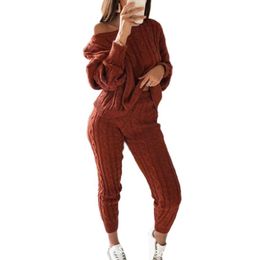 Pulls pour femmes Pull tricoté pour femmes Automne Hiver Femmes Couleur unie épaules dénudées Pantalons à manches longues 2 pièces Ensembles Tenues StreetwearFemmes