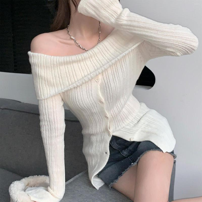 Damenpullover Damen Off-Shoulder-Strickpullover Kpop Y2K Sexy Slim Frauen Weiß Koreanisch Casual Temperament Top