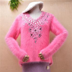 Pulls pour femmes dames femmes mode doux rose épais perlé vison poilu cachemire tricoté col en v Slim Blouses pull Angora fourrure pull