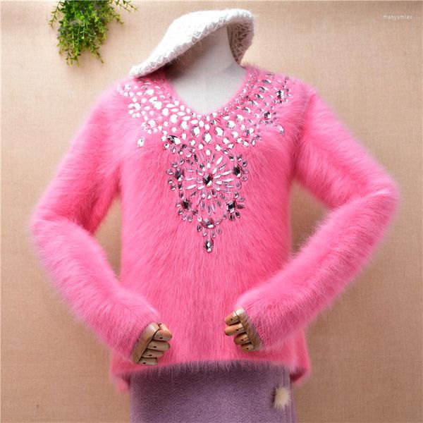 Suéteres de mujer, moda para mujer, rosa dulce, con cuentas gruesas, visón peludo, Cachemira, tejido con cuello en V, blusas delgadas, jersey, jersey de piel de angora