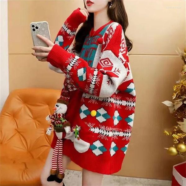 Suéteres de Mujer de talla grande suéter de Mujer Otoño Invierno coreano suelto grueso cuello redondo rojo Navidad dulce lindo jersey de punto Mujer