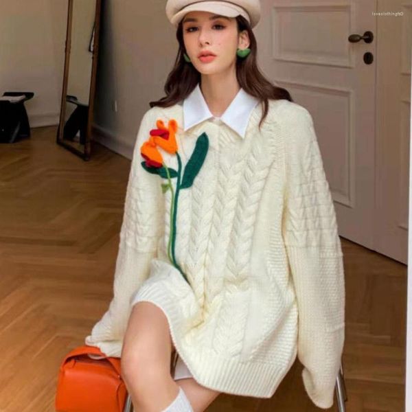 Suéteres de mujer Lazy Oaf, suéter de invierno para mujer, apliques florales de ganchillo con cuello en V, jersey largo de punto blanco de talla grande, jersey de moda para mujer