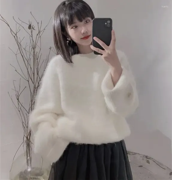 Suéteres de mujer Estilo perezoso Moda Blanco Grueso Cálido Imitación Mink Suéter suelto Mujeres Otoño Invierno Suave Mohair Punto Oversize Jersey