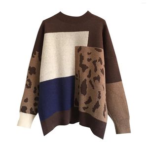 Damestruien Leopard Print Patchwork Sweater Zachte dikke gebreide topjurk met lange mouwen Lange rechte Outta Cold Beer