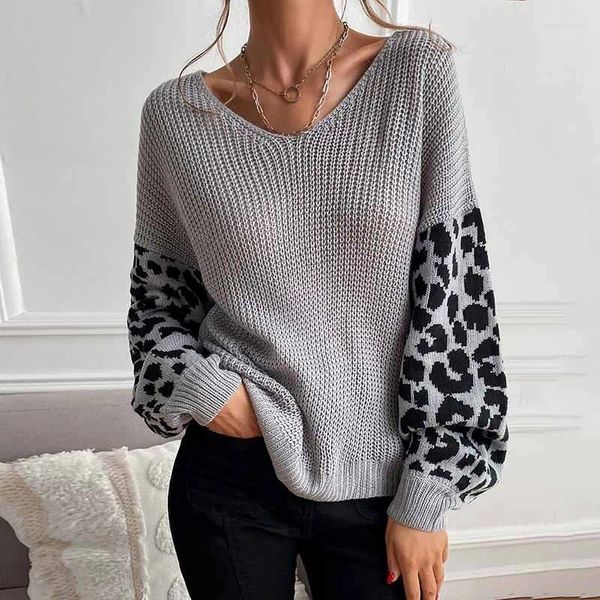 Suéteres para mujer, suéter tejido con estampado de leopardo para mujer, jersey con cuello en V a la moda, Top con costuras para otoño e invierno