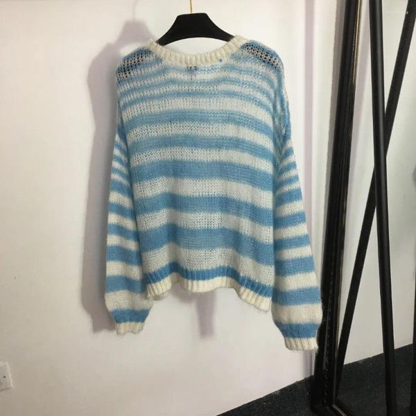Pulls pour femmes, haut tricoté à rayures bleu clair, ajouré, pour début d'automne, doux et Slim, pull ample, 2023