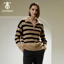 Pulls de femmes Lilysilk Sweater en laine rayé pour les femmes 2024 Polon d'hiver Polo Top polyvalent décontracté luxe