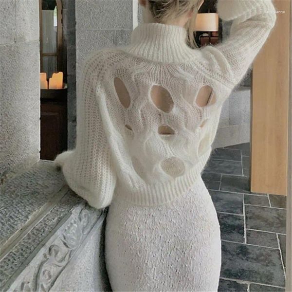 Suéteres de mujer Limiguyue otoño primavera espalda ahueca hacia fuera lana blanco mohair suéter mujer cremallera cuello alto punto jersey sexy prendas de punto E287