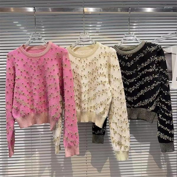 Suéteres para mujer Limiguyue Runway Metal Pearl Ball Mujeres Cashmere Primavera Otoño Punto Jersey Lujo Suave Prendas de punto O Cuello Jumpers E075