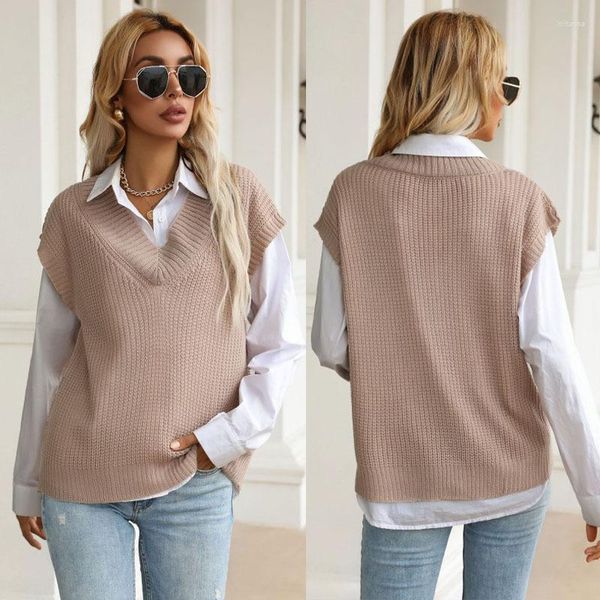 Pulls pour femmes LINCHEN Casual col en V sans manches solide haut en tricot pull femmes automne et hiver Streetwear Y2k vêtements lâche gilet Preppy