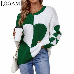 Pulls pour femmes LOGAMI col rond Colorblock coeur pull tricoté 2022 automne hiver nouveau pull pull femmes complet L230718