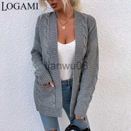 Pulls pour femmes LOGAMI pull torsadé femmes poche tricoté Cardigan automne manteau 2021 nouveau solide J230718