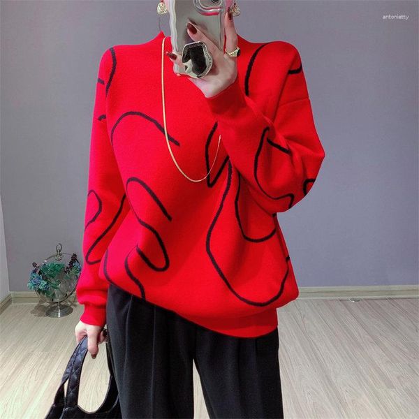 Chandails pour femmes pull long surdimensionné rouge femmes 2023 contraste de couleur abstrait cygne épais ample ample tricot pull Jersey