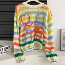 Damestruien Lange Sleev Mohair Vintage Sweater Vrouw Winter Crewneck Wool Rainbow Stripe Breid Design Clothing J374