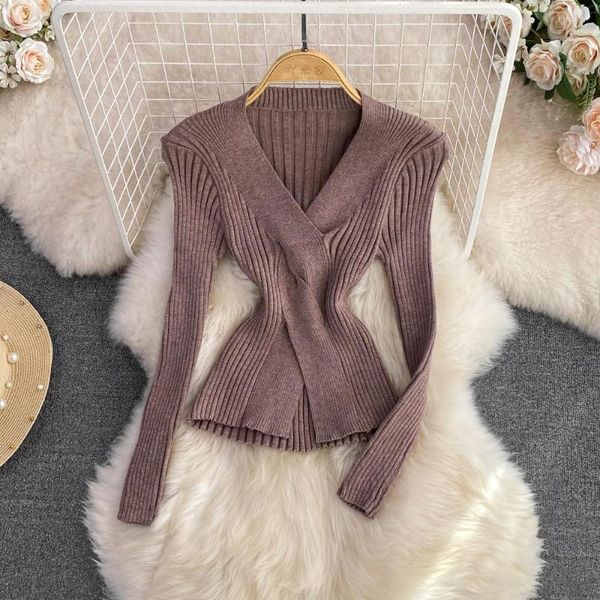 Pulls pour femmes à manches longues pulls coréens basique col en V bureau dame blanc femmes rétro décontracté mode élégant Chic vêtements pull femme