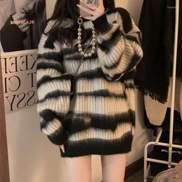 Suéter feminino manga comprida listrado lã malha suéter tops blusa estilo coreano preguiçoso solto pulôver feminino outwear