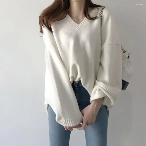 Suéteres de mujer suéter de manga larga acogedor cuello en V tejido para Otoño Invierno jersey grueso de Color sólido con mangas largas frío