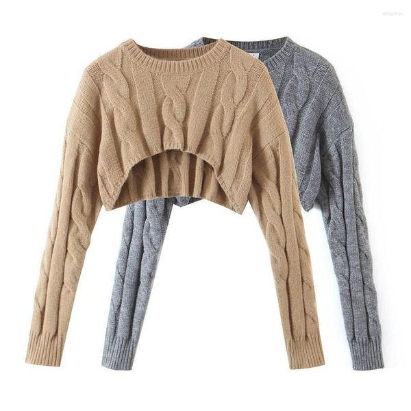 Suéteres para mujer Top de manga larga Ropa de invierno Mujeres 2023 Otoño Moda Suéter de punto Kawaii Recortado Twist Diseñador Jersey Gris
