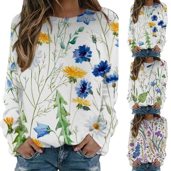 Sweaters de mujeres Camisa de estampado floral de cuello redondo de manga larga