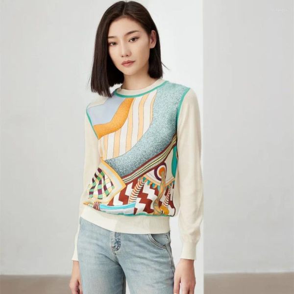 Suéteres de mujer Camiseta larga Sarga de seda Posicionamiento Impresión Empalme Top de punto de lana mezclada
