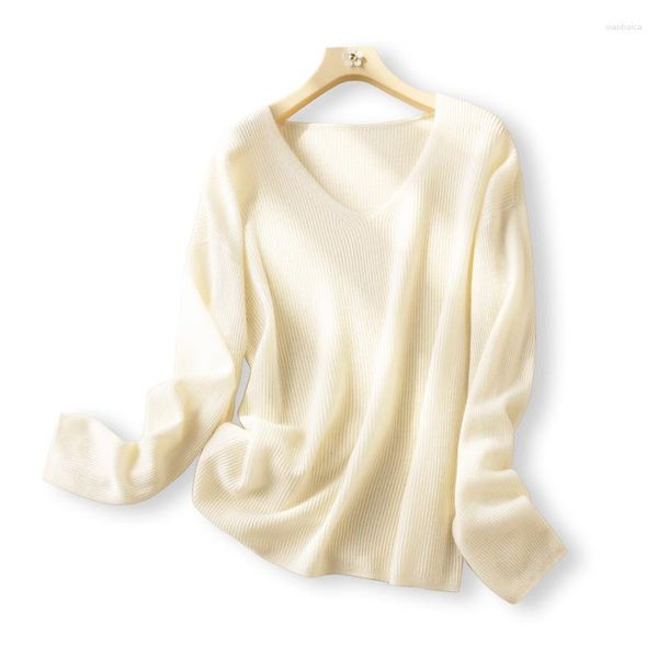 Pulls pour femmes, coupe ample, col en V, pull en laine surdimensionné, tunique tricotée, 2023