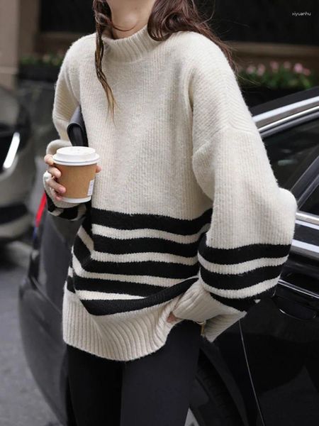 Pulls pour femmes en vrac Vintage pull rayé tricoté demi-col haut léger chaud automne/hiver 2023 mode pull femmes