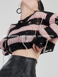 Pulls pour femmes Lotdootn Y2K évider recadrée tricot blouse haut femmes vintage lâche rose rayures crochet pulls culture hauts fée grunge pull 231115