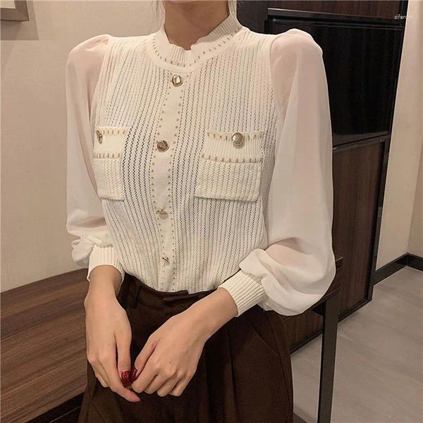 Suéteres para mujer Lucyever Negro Blanco Punto Jersey Mujeres Moda Coreana Patchwork Manga larga Suéter Mujer Elegante Botones Bolsillos