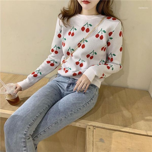 Suéteres de mujer Lucyever Sweet Cherry Knitted Sweater mujer moda cuello redondo manga larga negro mujer 2021 invierno Casual Pullover Ladies1