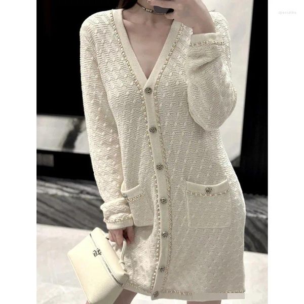 Pulls pour femmes Designer de luxe Long Cardigan Femmes Élégant Col V Manches Top Mujer 2023 Automne Hiver Blanc Noir Pull tricoté Femme