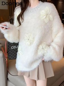 Damestruien Luxe warme damestrui Winter Zachte zachte zoete bloemen Kralen Decoratieve witte trui Gebreide trui Top