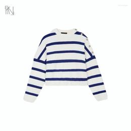 Les pulls féminins Maje French Blue Striped Tricoted Top 2022 Début d'automne Navy Style Bouton Embellissement Loose Round Cascus Casual Sw 208V